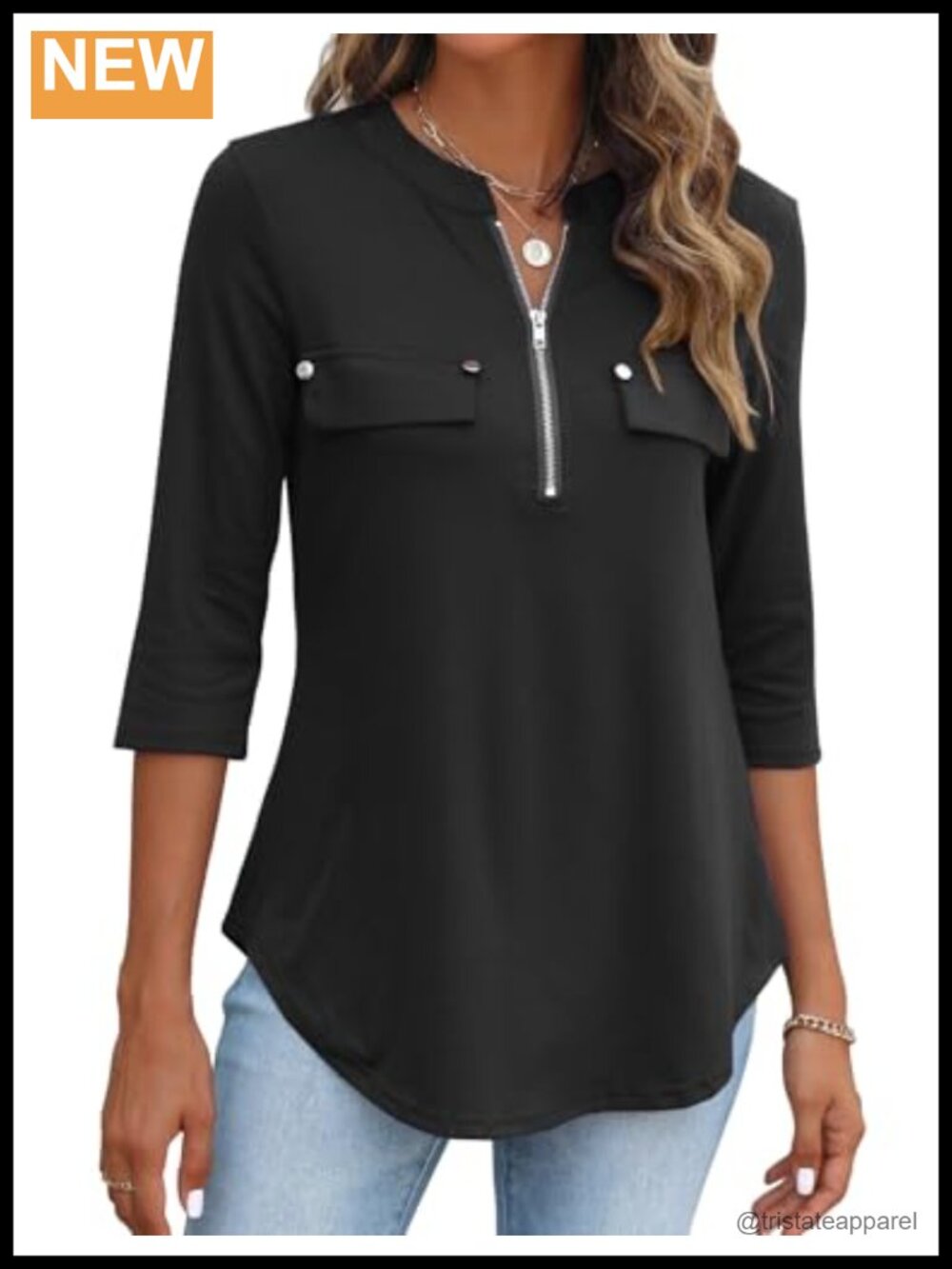 Womens 3/4 Sleeve Tunic Top Zip Front V Neck Curved Hem Dressy Casual